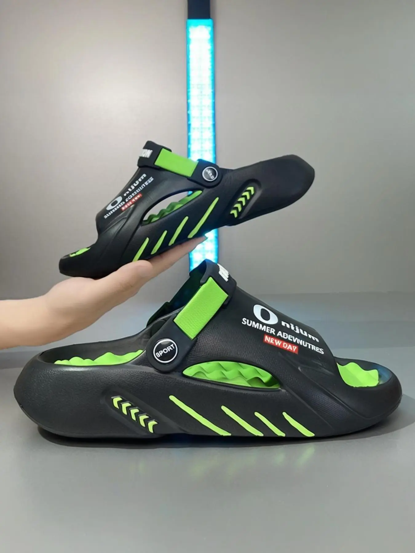Men's Sporty Print Slippers, Eva Beach Slippers, Anti-Slip Comfortable Beach Shoes, Ideal for Outdoor Activities, Lightweight Breathable Footwear, Non Slip Slippers