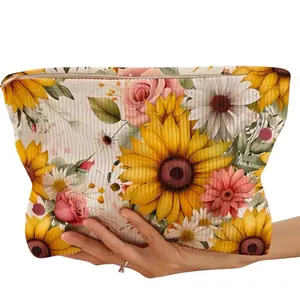 Feminine Corduroy Sunflower Cosmetic Pouch - Versatile Storage Solution for Snacks, Pens, and Makeup