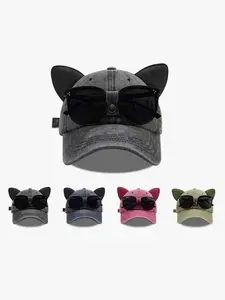 Cute Cat Ears Pilot Hat with Glasses, Water Washed Baseball Cap, Adjustable Outdoor Sunshade, Unisex Gift, 1pc New Design