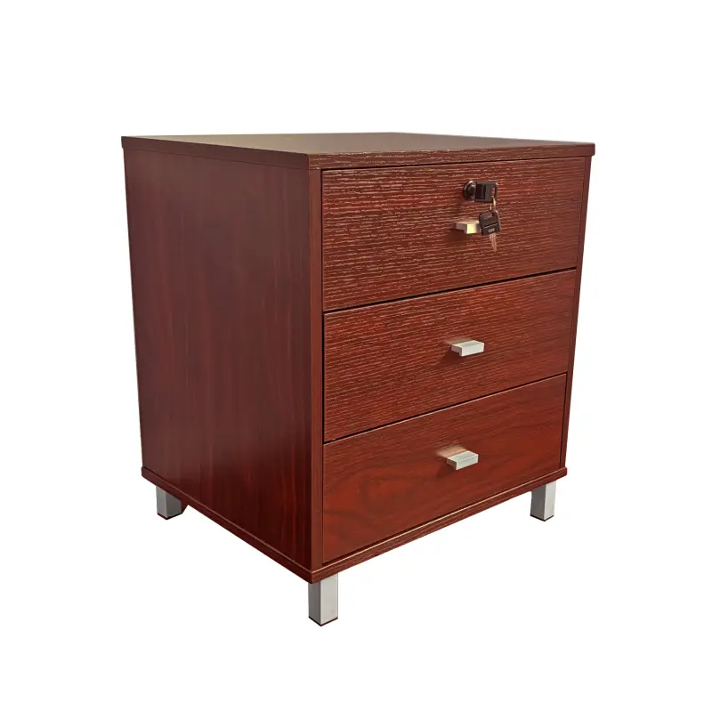 Three drawer nightstand locking top drawer metal drawer glides metal bar handles mahogany color