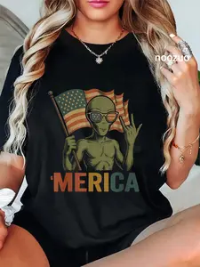 100% Cotton Alien UFO Merica Rock American Flag Patriotic 4th Of July T-Shirt