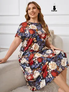 Plus Size Women's All Over Floral Print Lettuce Trim Nightdress, Loose Elegant Casual Soft Comfortable Round Neck Short Sleeve Nightgown for Women, Women's Sleepwear for All Seasons, Womenswear