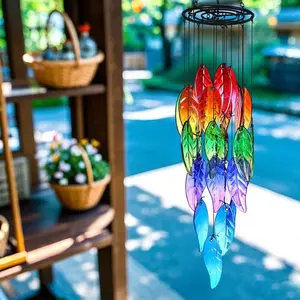 Handcrafted Stained Glass Leaf Wind Chime, Vibrant Rainbow Leaf Forest Design, Durable Outdoor Decoration for Gardens, Patios, Pools