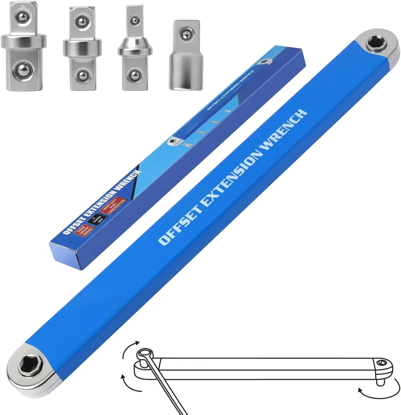Offset Extension Wrench Zero Degree Ratchet Set Impact Ready with 1/2 1/4 3/8 Drive Adapters & 1/4 Socket for Tight Spaces