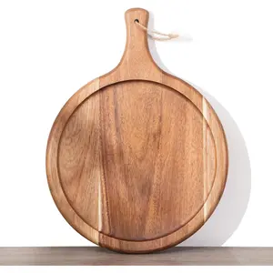 Acacia Wooden Cutting Board Dining Board and Round Serving Board with Handle Chopping Board for Meat, Cheese Board, Vegetables, Bread, Charcuterie 17" L x 12" W