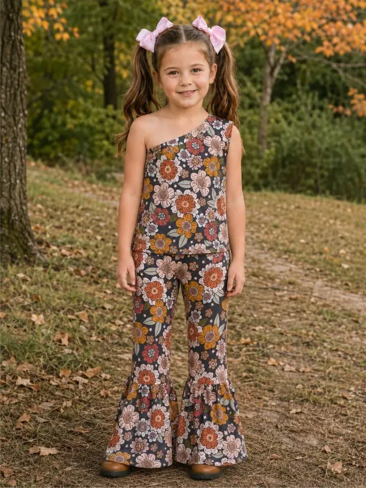 Girls' or Toddler Size Boho Harvest Floral 2-Piece Outfit - Retro Bell Bottom Pants & 1-Shoulder Matching Top