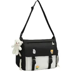 Cute Messenger Bag for Teen Girls Women, Kawaii Crossbody Shoulder Purse with Pins and Stuffed Pendant Gift