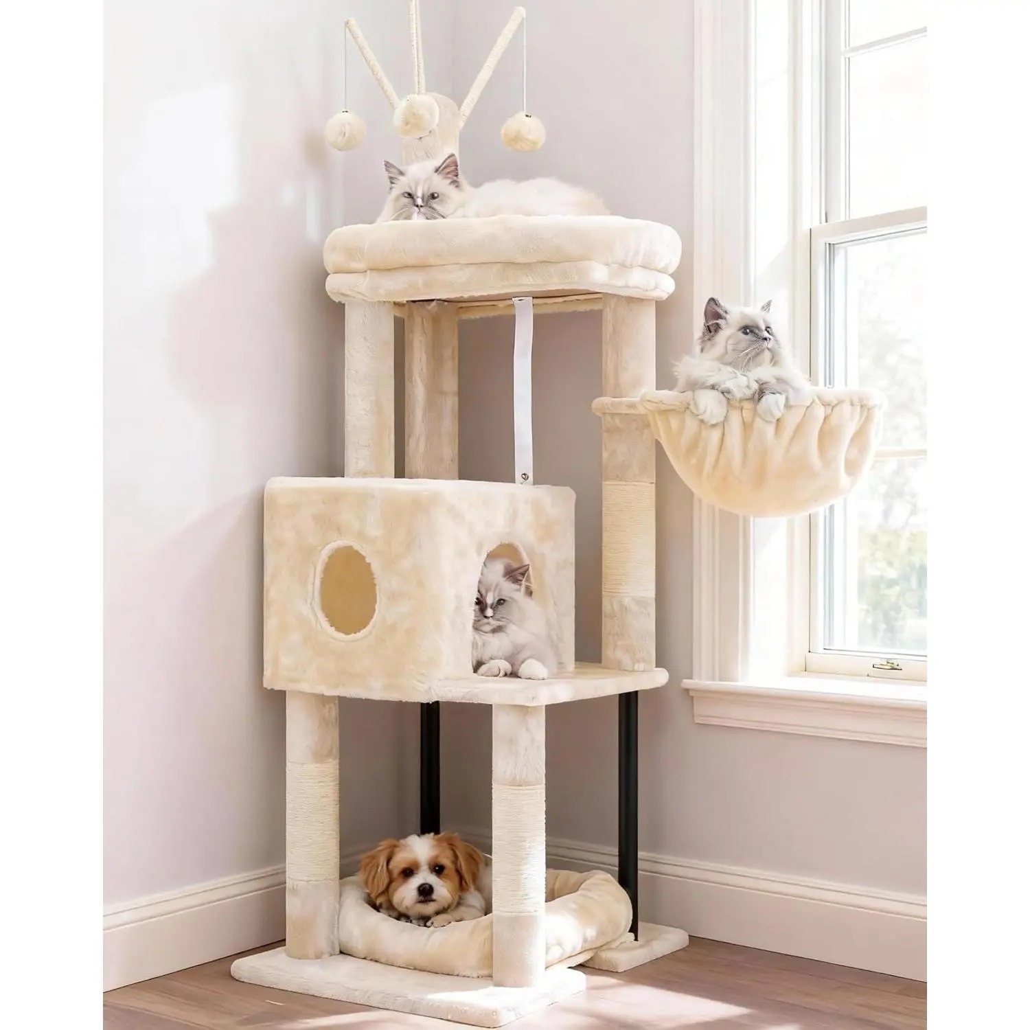 Cat climbing frame, 45.3inch indoor cat tower, equipped with a large cat platform, comfortable bed, hidden cat nest, comfortable hammock, cat scratching post and 3 pom-poms, beige HCT202SM