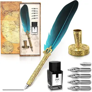 Elegant Vintage Style Blue Feather Quill Pen and Ink Calligraphy Kit, Writing Drawing Tools with Stainless Steel Nib for Creative Hand Lettering