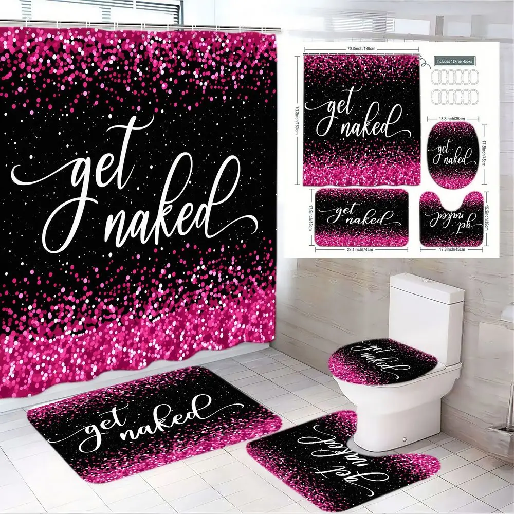 1/4pcs Pink & Black 'Get Naked' Bathroom Set, Shower Curtain Sets with Confetti, Matching Toilet Seat Cover, 2 Bath Mats - Glamorous Playful Decor for Birthday, Party, Bridal Shower, Housewarming Gift