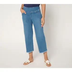 QVC Belle by Kim Gravel Women's Regular TripleLuxe Denim Wide-Leg Crop Jeans with Fray Hem