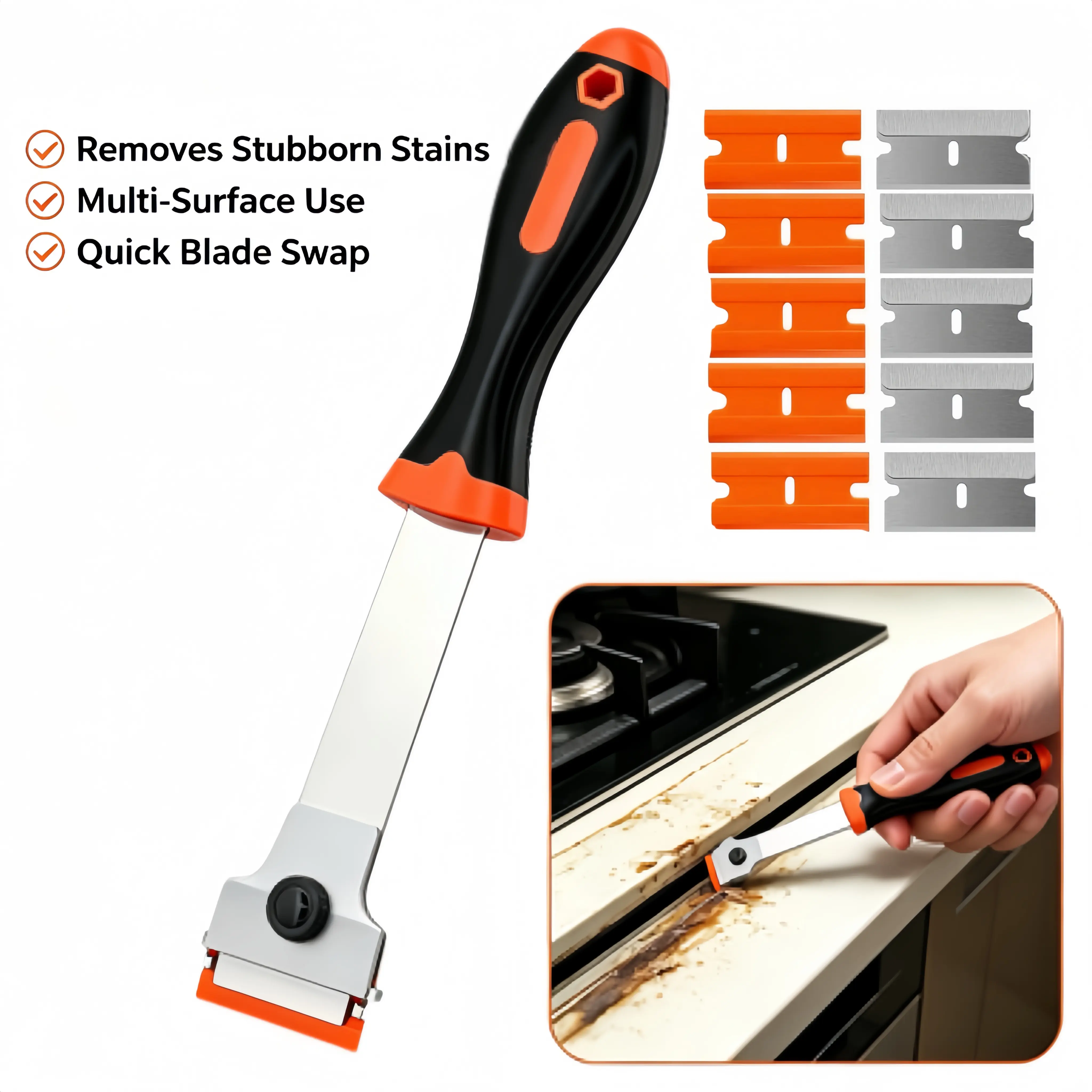 Razor Blade Scraper Tool with 5 Metal & 5 Plastic Razor Blades, Multi-Purpose Long Handle Heavy Duty Scraper Tool for Cleaning Cooktop, Oven, Floor, Paint, Tile, and Window Glass