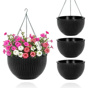 Self-Watering Hanging Planter Basket, 13.8 Inch Rattan-Style Resin Flower Pot – Deep Pot with Drainage Plug, Durable Triple-Chain Hanger, Lightweight, Weather Resistant, Perfect for Indoor or Outdoor Garden, Patio, Balcony