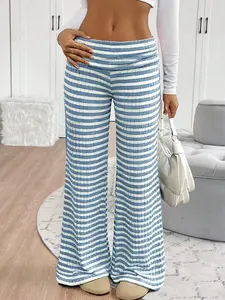 Women's Blue Striped Casual Fitted Long Pants, Fashionable Street Style, Comfortable Daily Wear, All Seasons, Versatile and Stylish, Bottoms