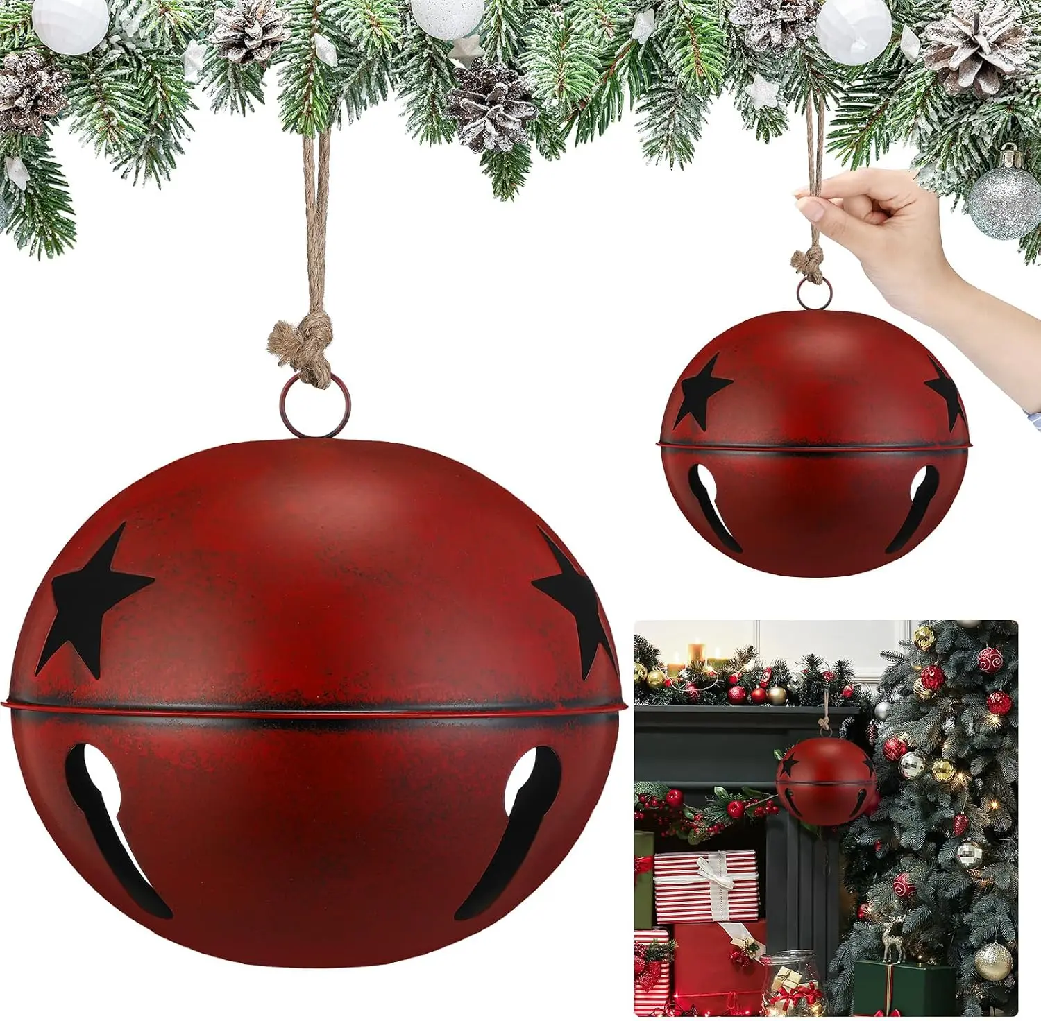 1 Pcs 8 Inch Rustic Metal Christmas Jingle Bell, Star Cutout Vintage Decor Bell with Jute Rope, Oversized Christmas Ornaments for Home Porch Wreath Xmas Holiday Decor