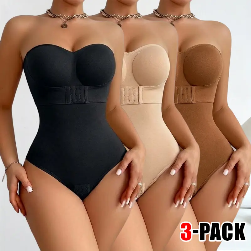 Women's 3-Pack Seamless Sexy Shapewear Underwear Tops, Lightweight High-Stretch Grip Technology Garments, Breathable Strapless Thong Back, Solid Color, Front Button Closure, Removable Pads, High Support