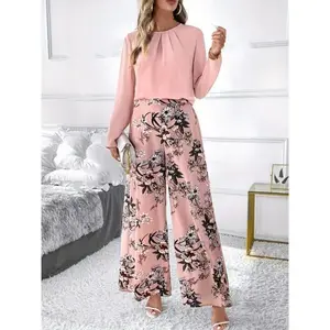 [Pink Solid Color Suit] Elegant Pink Women's Long Sleeve Blouse and Floral Print Wide Leg Pants Suit Clothes Fabric Womenswear Polyester Casual Formal Set Summer Knit Set