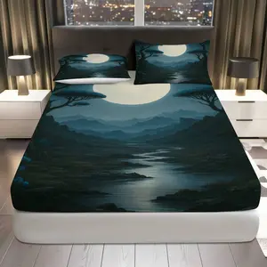 3Pcs Moonlit Landscape Tranquil Night Fitted Sheet Three Piece Set (1*Fitted Sheet+2*Pillowcases, Coreless), Home Decor theme, Twilight Scenery Bedding Set, Mattress Protector Soft, Breathable