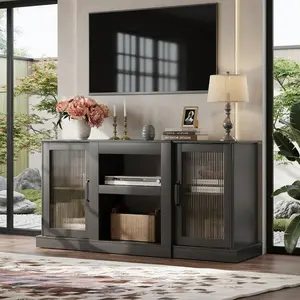 58 Inch Retro Black TV Stand,Vintage Style Entertainment Center With Adjustable Shelf & Rippled Acrylic Door,Heavy Duty WPC Media Console With Cable Hole Fit Up To 65 Inch TV For Home Living Room Decor