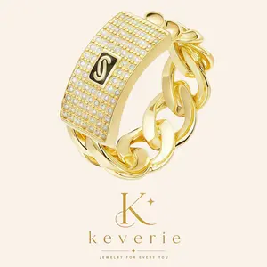14K Gold Plated Iced Out Cuban Link Statement Ring - Bling Initial "S" Zircon 14kt Gold Jewelry Cuban Chain Initial Pendant for Men, Hip Hop Streetwear Valentine's Day Gift, Gold Jewelry Rings