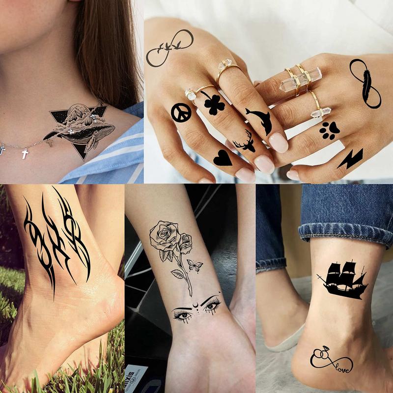 52 Sheets Creative Black Tiny Crown Infinity Triangle Fake Tattoos For Men Women Realistic Stars Letters Tattoos For Kids Tattoos Temporary Waterproof Arm Hand Face Finger Neck Tatoo Stickers