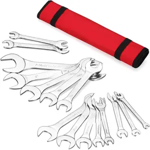 Super-Thin Open End Wrench Set, 16- SAE & Metric 3/8" to 1-1/4" and 5.5mm to 27mm Chrome Vanadium Steel Wrench Set with Rolling Pouch