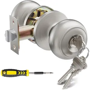 Keyed Entry Door Knob with Lock,Exterior and Interior Stainless Steel Door Locks,Satin Nickel Front/Entrance Door Handle Frameless Arch Floor Standing Mirror glass  hinge DoorknobSurfoze