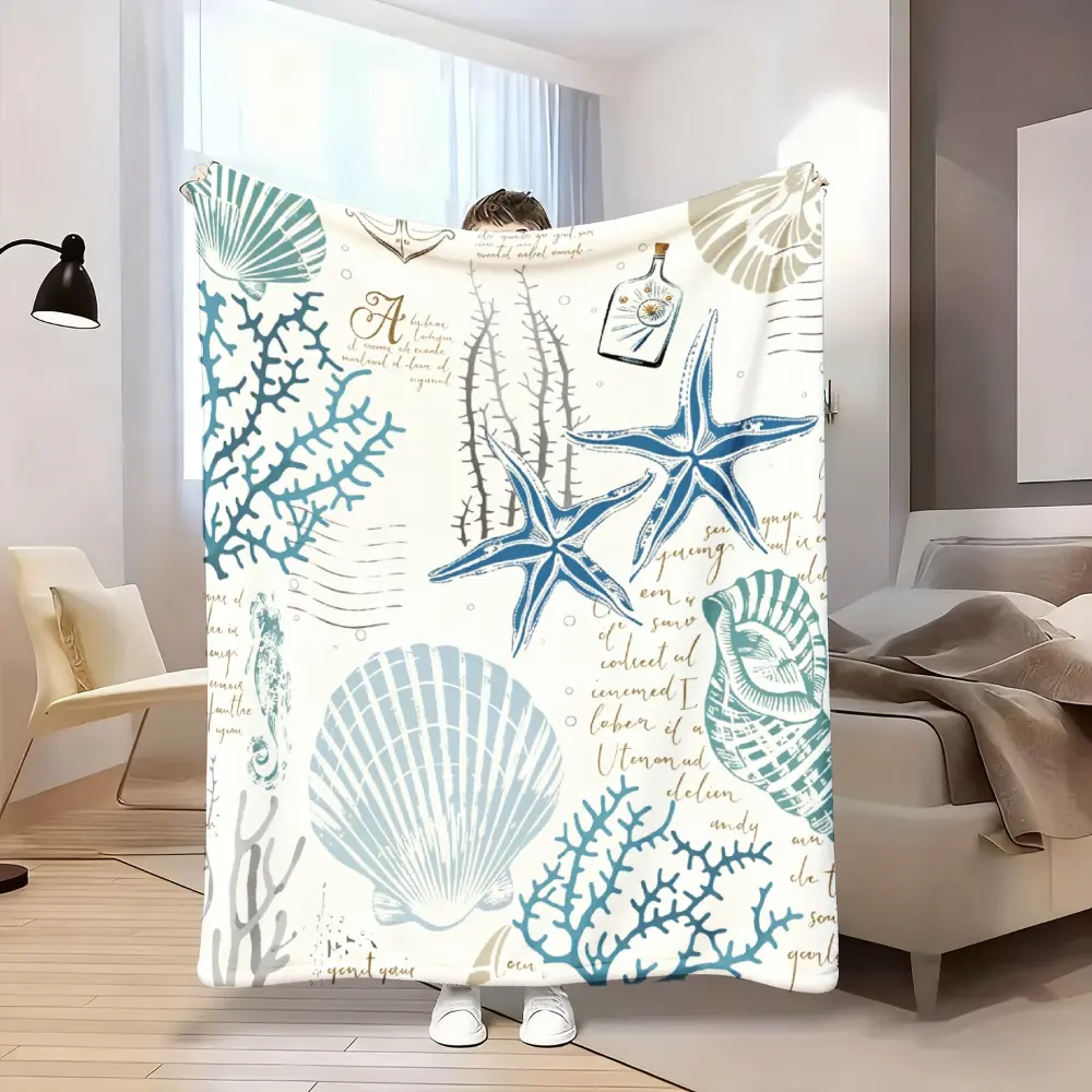 Coastal Seashell Blanket, Soft Flannel Throw Blanket with Starfish Coral Shell Print, Cozy Gift for Women Girls Family and Beach Lovers, Ocean Beach House Decor for Bed Couch Sofa, Lightweight Warm Throw for Movie Night
