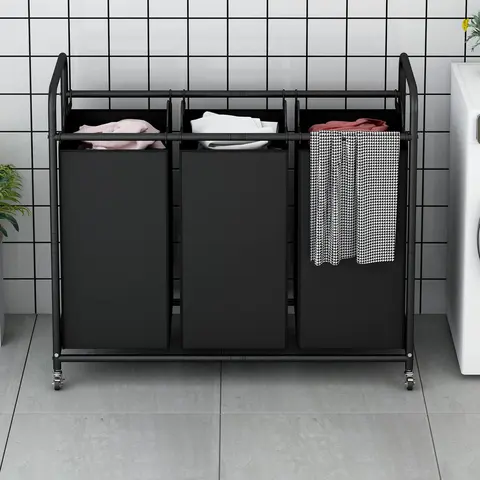 LINZINAR Classic Rectangular Wheeled Laundry Basket - Heavy-Duty 3-Bag Collapsible Rectangular Rolling Hamper with Lock Wheels, Steady Eco-Friendly Degradable Storage Cart, Large Metallic Organizer with Removable Clothes Bags【A001】