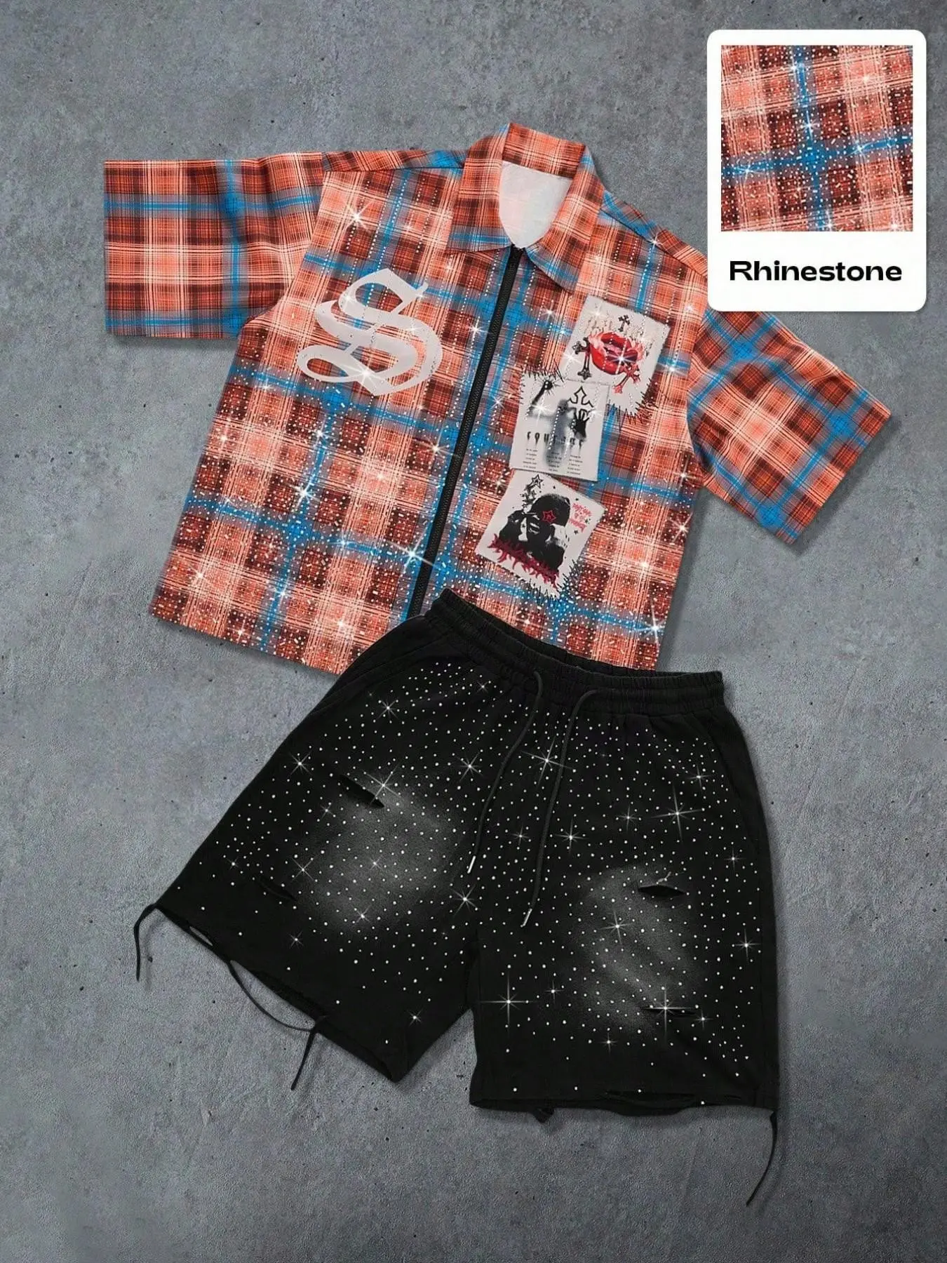 Men's Summer Two-Piece Set, Gothic Face Rhinestone Checkered Plaid Shirt with Drawstring Shorts, Casual Fashion for Outdoor Use, Casual Style Set, Outfit, Checked, Clothes, Menswear