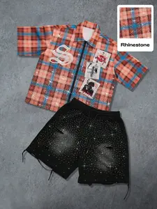Men's Summer Two-Piece Set, Gothic Face Rhinestone Checkered Shirt with Drawstring Shorts, Casual Fashion for Outdoor Use