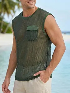 Men's Summer Outdoor Vacation Mesh Vest Set, Military Sleeveless Top & Casual Shorts, Breathable Fabric, Beach Holiday Streetwear
