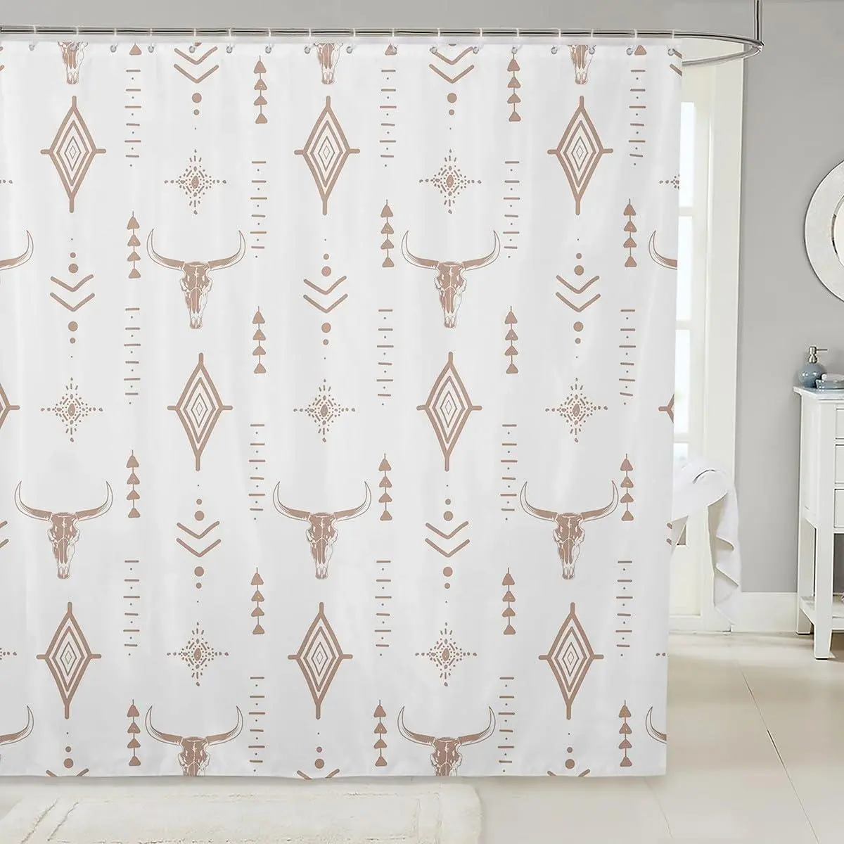 Feelyou Aztec Bathroom Curtain - Washable Waterproof Polyester Digital Print, Western Skull & Abstract Horns Art, White Retro Minimalist Symbol, Multi-Size Bathtub & Stall Fit, C-Hooks Included, Shower Stall Curtain Home Accessory, Bathroom Curtains