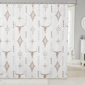 Bohemian Bathroom Accessories,Aztec Shower Curtain,Western Skull Abstract Horns Mysterious Aesthetic Art White Retro Minimalist Symbol Bath Curtain