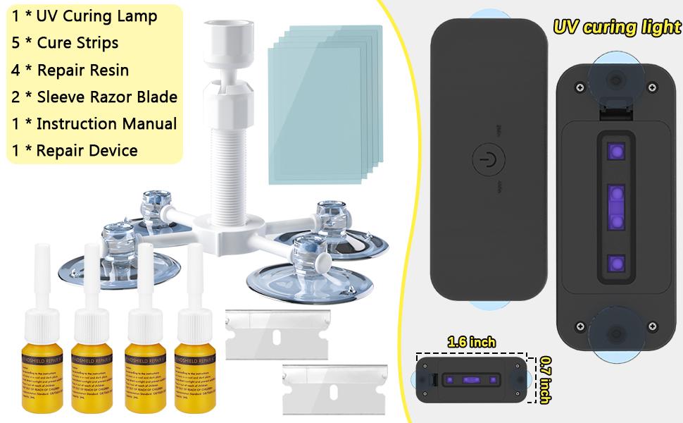 Windshield Repair Kit, Windshield Crack Repair Kit 4 Pcs, Windscreen Repair Kit with Enhanced Injection Head Suction Cup UV Curing Light, Windshield Chip Repair Kit for Bulls-Eye