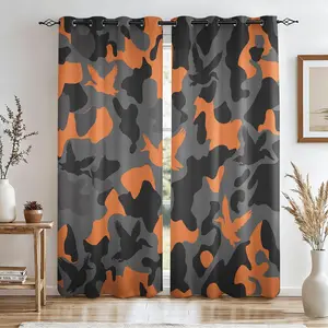 Orange Black Gray Camo Mallard Silhouette Blackout Curtains 2Pcs/Set, No-Hole Ring Design, Washable Fabric, Bedroom Living Room Dorm Heat Insulation, UV Protection, Multifunctional Home Decor