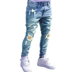 Men's Lightweight Casual Jeans Blue Menswear Slim Fit Small Foot Pattern Light Blue Washed Color Tone Natural Depth Changes Retro Cat Whisker Texture ， Blue、 Menswear、 Personalized
