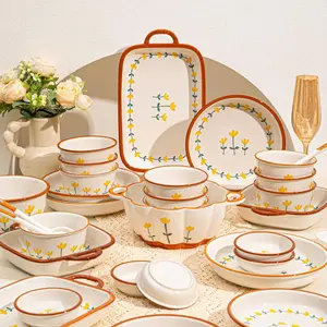 Flower Pattern Ceramic Tableware Set, Including Rice Bowl, Plate, Spoon, Soup Bowl, Cutlery & Tableware for Home Kitchen Dining Room