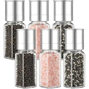 Salt and Pepper Grinder Stainless Steel Sea Salt Pepper Shaker with Adjustable Coarseness Refillable Glass Spice Grinder Mill (Foursquare,Silver,6)