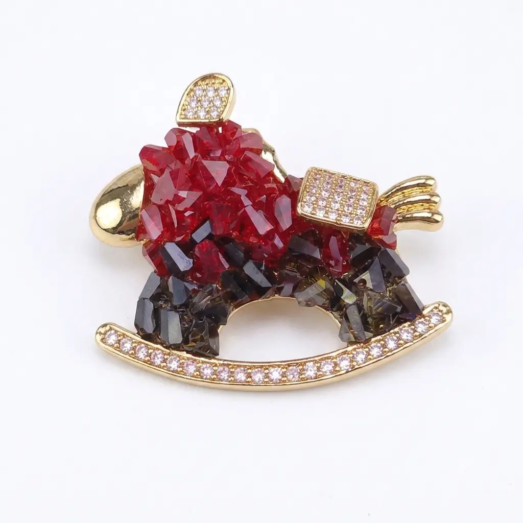 Ruby Red Crystal Rocking Horse Brooch - Elegant Gold Tone Collectibles Pin with Crystal Gems, Unisex Wear for Everyday Use & Horse Lovers, Faceted Crystal Stones
