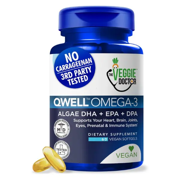 The Veggie Doctor QWELL Vegan Omega-3 Algae Oil Dietary Capsules - High-Potency DHA, EPA, DPA for Heart, Brain, Joint Health - Plant-Based Supplement Without Fishy Aftertaste - 60, 120, 180 Vegan Softgels Option