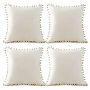 Topfinel Velvet Pillow Covers 20x20 – Set of 4 Cream White w/ Pom Poms