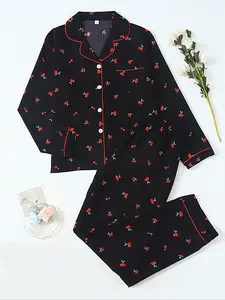 Women's Cherry Print Sleepwear Set, Long Sleeve Loose Fit Pajamas, Casual Comfortable Spring & Fall Nightwear