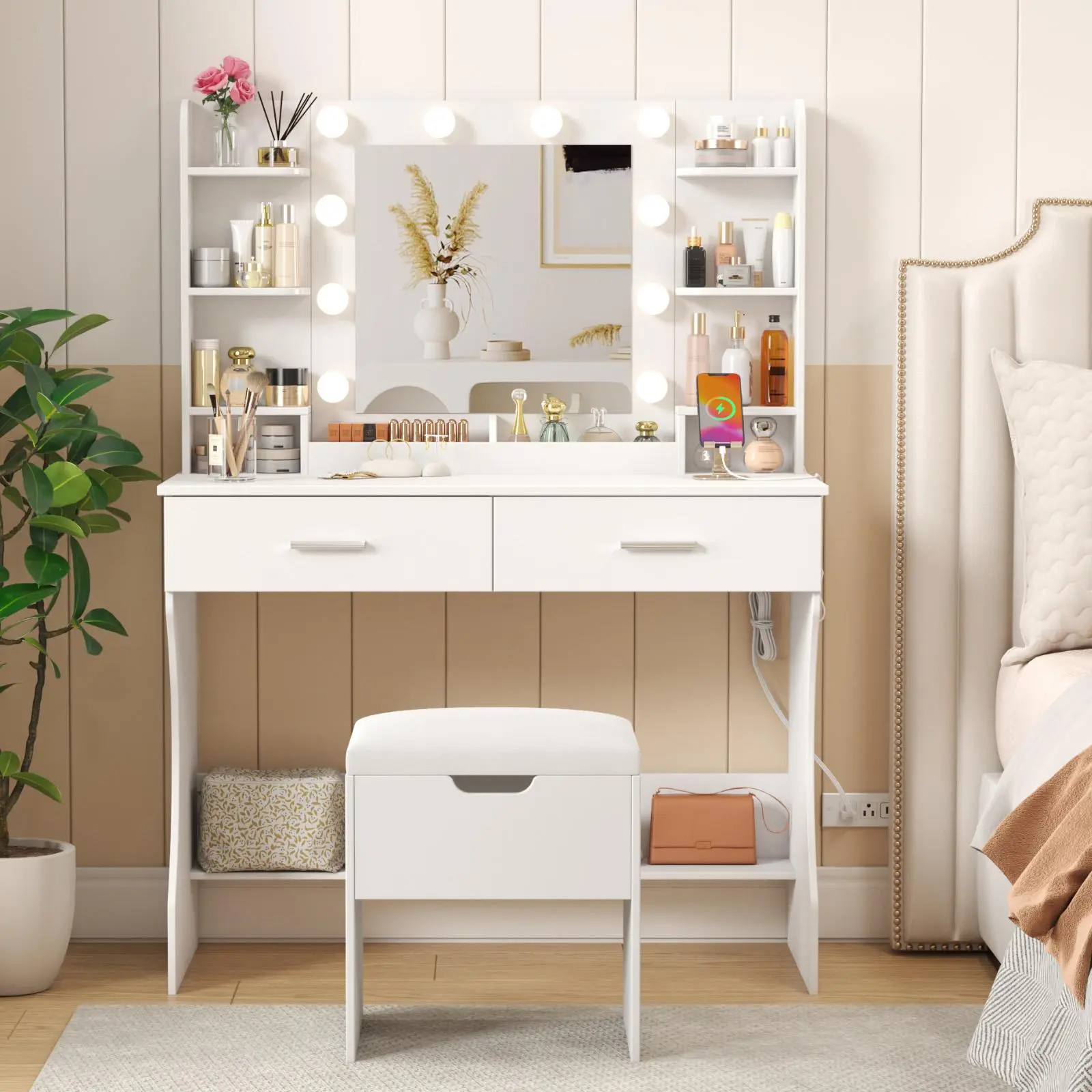 Lifewit 31.5"/35.4"/38.6" Vanity with Mirror, Adjustable Brightness, Makeup Desk with 2 Drawers & Stool for Bedroom Bathroom Makeup Room Mothers Day Gifts,summerwins