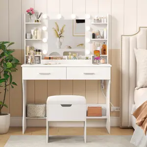 Lifewit 31.5"/35.4"/38.6" Vanity with Mirror, Adjustable Brightness, Makeup Desk with 2 Drawers & Stool for Bedroom Bathroom Makeup Room Mothers Day Gifts,summerwins