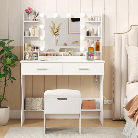 Lifewit 31.5"/35.4"/38.6" Vanity with Mirror, Adjustable Brightness, Makeup Desk with 2 Drawers & Stool for Bedroom Bathroom Makeup Room Mothers Day Gifts,summerwins