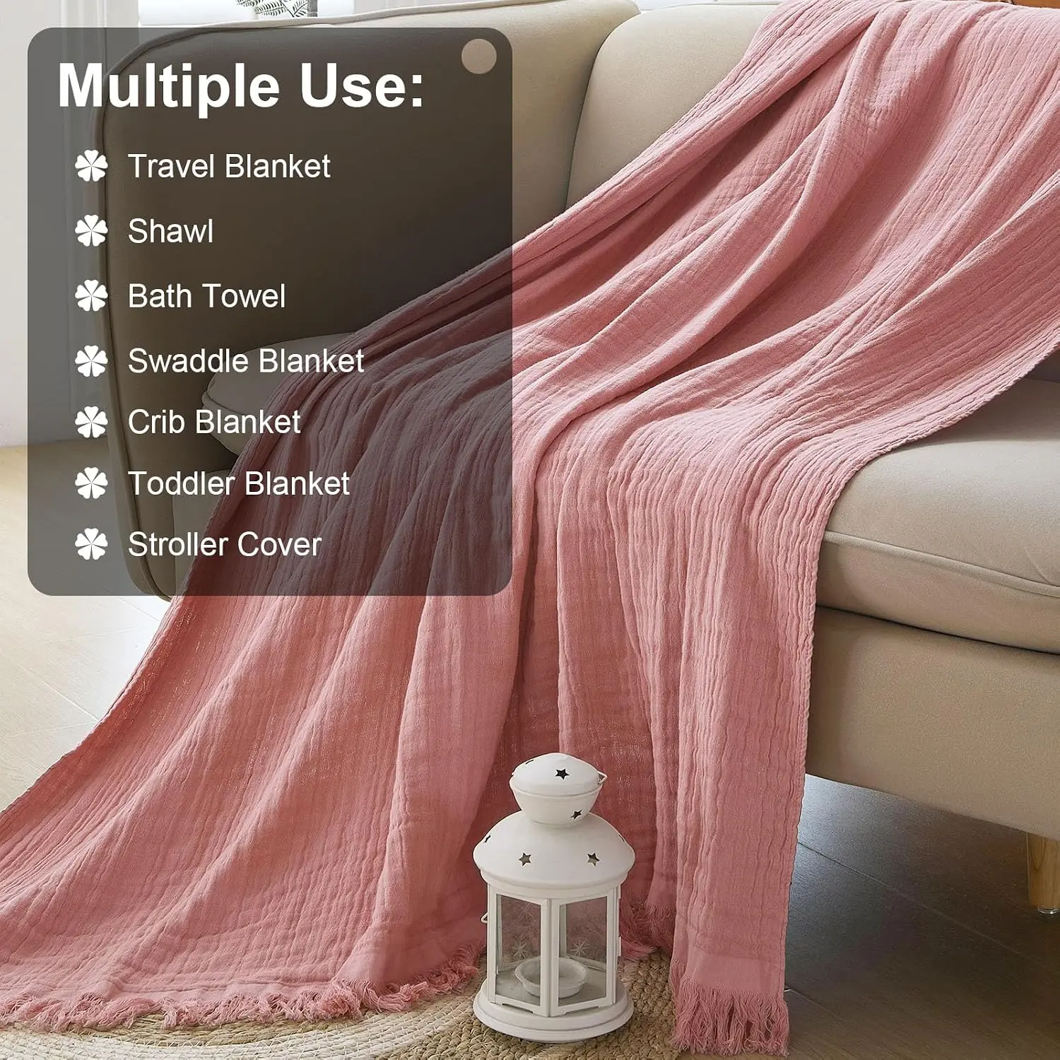 Cotton Muslin Throw Blanket with Tassels, Lightweight Woven Gauze, Pre-Washed Breathable Farmhouse Decor for Bed, Couch, All-Season Use (Dusty Pink, 50" x 60")