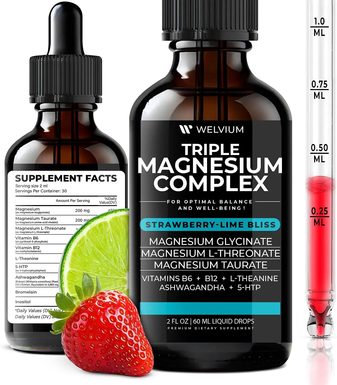 Triple Magnesium Complex Liquid Drops with Ashwagandha & L-Theanine | Magnesium Glycinate, L-Threonate & Taurate Supplement with 5-HTP, B6, B12, Bromelain & Inositol | Daily Relaxation, Calm & Muscle Rest Support | Liquid Drops - 60ml