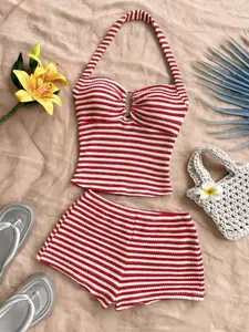 Women's Vacation Striped Tank Top and Shorts Set, Casual Two-Piece, Comfortable and Stylish, Perfect for Relaxing Days