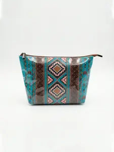Boho Style Makeup Bag for Women, Ethnic Geometric Pattern Storage Bag, Portable Travel Vanity Case, Large Capacity Zipper Cosmetic Organizer